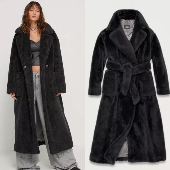 UGG Alesandra Faux Fur Wrap Coat Black Pockets Tie Waist Long Trench L / XL NWT - Picture 1 of 10